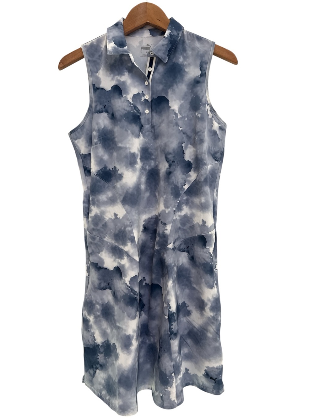 Puma Golf Sleeveless Polo Dress in Blue and White with Pockets
